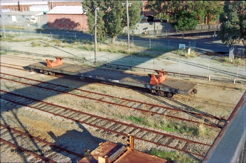 201-07
Midland, elevated view from the Workshops Footbridge, RQRX type waggon RQRX 60177 a 53 tonne capacity flat waggon, originally built by Comeng NSW in 1971 as part of a batch of fifty CBX type waggons, later converted from NQBX type NQBX 21782.
Keywords: RQRX-type;RQRX60177;Comeng-NSW;CBX-type;CBX21782;