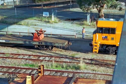 201-19
Midland, Goninan WA built GE Cv40-9i model NR class unit NR 102 serial 7250-07/97-302 shunts on RQRX type waggon RQRX 60177, with a WSR type rail distribution waggon in the foreground.
Keywords: NR-class;NR102;Goninan;GE;CV40-9i;7250-07/97-302;