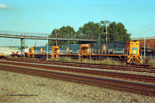 201-23
Midland, the first Perth built NR class NR 61 Goninan GE model Cv40-9i serial 7250-11/96-263 shunts at Midland with two brand new NR units NR 101 and NR 102 with waggon RQRX 60177.
Keywords: NR-class;NR61;Goninan;GE;CV40-9i;7250-11/96-263;
