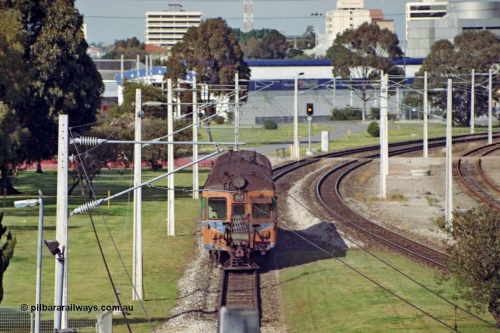 208-2-09
East Perth, narrow gauge Trans Perth two car set with Cravens of Sheffield, England built ADG class on the rear of a Perth bound service.
