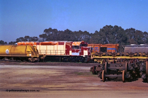 208-2-28
Midland Workshops, Westrail L class L 255 a Clyde Engineering EMD model GT26C, serial 67-545 under overhaul surrounded by various rollingstock including the WSL 30650 bogie transport waggon which was built for this task in 1977 at Midland Workshops.
Keywords: L-class;L255;Clyde-Engineering-Granville-NSW;EMD;GT26C;67-545;WSL-type;WSL30650;
