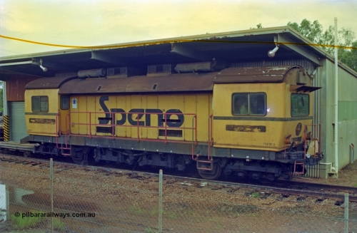 210-14
Weipa, Lorim Point railway workshops track maintenance compound, Speno rail grinder model RR 28E, a twenty eight wheel grinder, this unit is very likely to have been originally used by Mt Newman Mining in the Pilbara in the 1970s. Even a 20 km remote railway requires a grinder! September 1995.
Keywords: Speno;RR-28E;track-machine;Comalco;