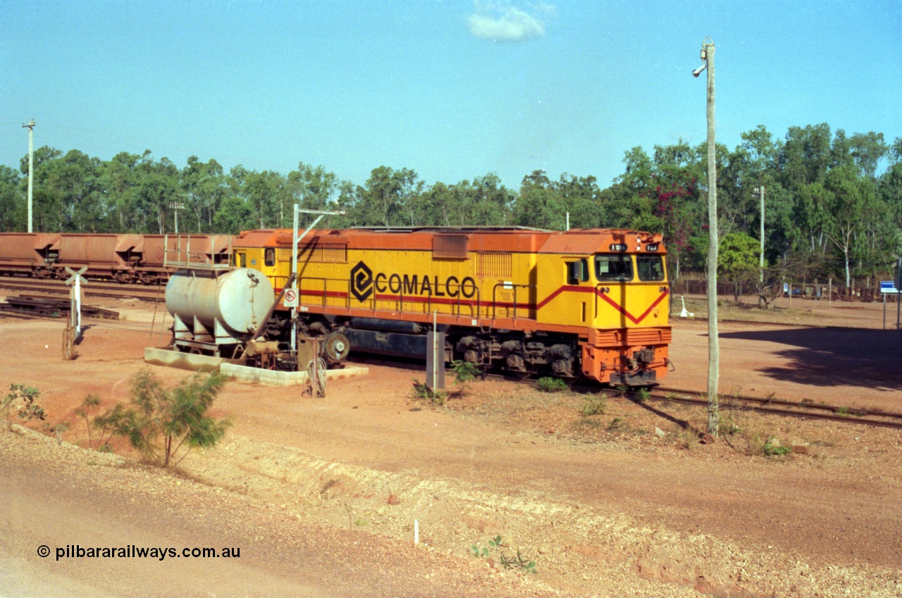 213-24
Weipa, Lorim Point fuel point, Comalco R 1004 loco Clyde Engineering built EMD model JT42C built 1990 serial 90-1277, weight 132 tonne, engine 12-710G3A, generator AR11-WBA-CA5, traction motors D87ETR, rated power 2460 kW/3300 hp. The body is similar to a V/Line N class while the components are the same as the Australian National AN class. Originally built for Goldsworthy Mining as GML 10 for use at their Western Australian iron ore railway and locally known as Cinderella. Purchased by Comalco in 1994 following the takeover of Goldsworthy by BHP.
Keywords: R1004;Clyde-Engineering-Kelso-NSW;EMD;JT26C;90-1277;Comalco;GML10;Cinderella;GML-class;