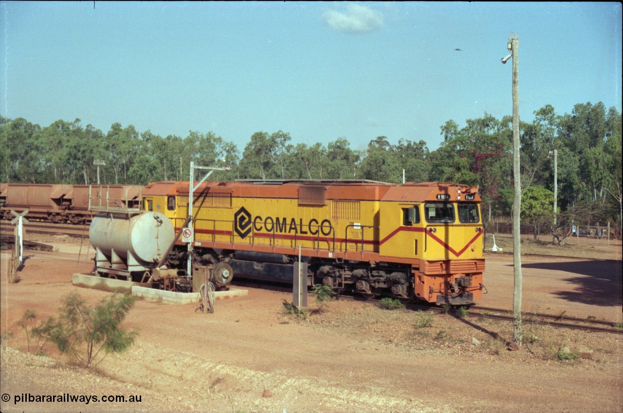 213-25
Weipa, Lorim Point fuel point, Comalco R 1004 loco Clyde Engineering built EMD model JT42C built 1990 serial 90-1277, weight 132 tonne, engine 12-710G3A, generator AR11-WBA-CA5, traction motors D87ETR, rated power 2460 kW/3300 hp. The body is similar to a V/Line N class while the components are the same as the Australian National AN class. Originally built for Goldsworthy Mining as GML 10 for use at their Western Australian iron ore railway and locally known as Cinderella. Purchased by Comalco in 1994 following the takeover of Goldsworthy by BHP.
Keywords: R1004;Clyde-Engineering-Kelso-NSW;EMD;JT26C;90-1277;Comalco;GML10;Cinderella;GML-class;