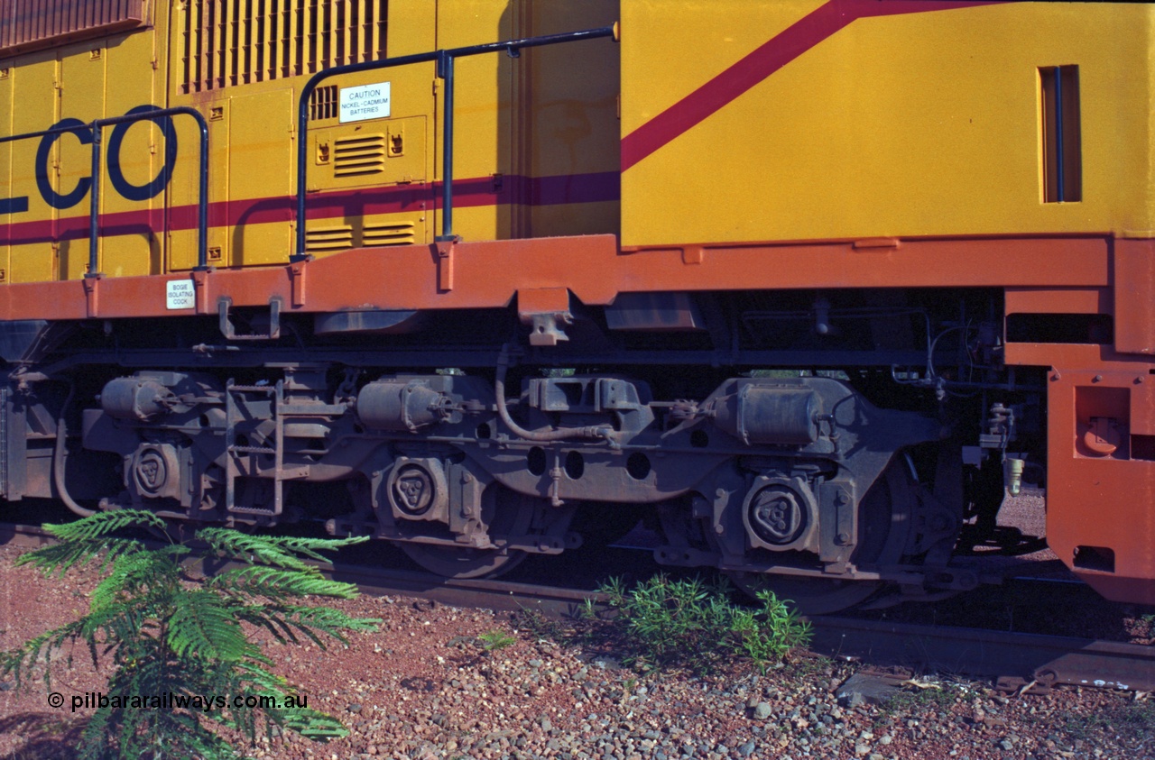 213-29
Weipa, view of tri-mount bogie on Comalco R 1004, Clyde Engineering built EMD model JT42C built 1990 serial 90-1277, note the difference this and the [url=http://pilbararailways.com.au/gallery/displayimage.php?pid=595]V/Line N class bogie[/url] used in passenger service.
Keywords: R1004;Clyde-Engineering-Kelso-NSW;EMD;JT26C;90-1277;Comalco;GML10;Cinderella;GML-class;