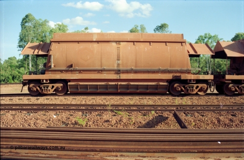 213-10
Weipa, Lorim Point, side view of an HMAS type ore waggon 19, one of the original sixty one waggons built by Comeng Qld in 1971-72 these bottom discharge hoppers are constructed from aluminium.
Keywords: HMAS-type;Comeng-Qld;Comalco;