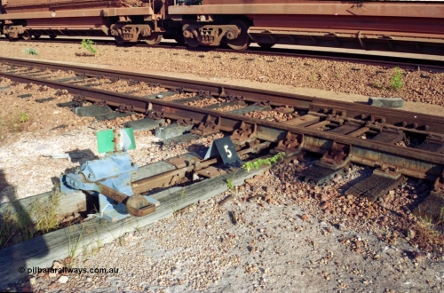 213-11
Weipa, Lorim Point workshops yard, ground throw point or switch operating unit with the number 5 identification.
