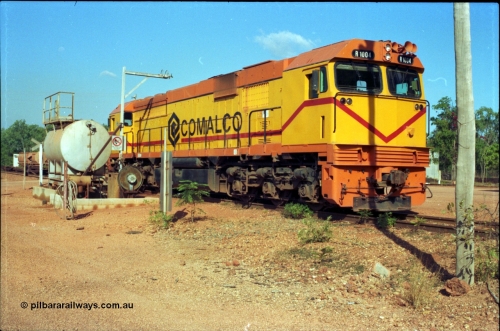 213-20
Weipa, Lorim Point fuel point, Comalco R 1004 loco Clyde Engineering built EMD model JT42C built 1990 serial 90-1277, weight 132 tonne, engine 12-710G3A, generator AR11-WBA-CA5, traction motors D87ETR, rated power 2460 kW/3300 hp. The body is similar to a V/Line N class while the components are the same as the Australian National AN class. Originally built for Goldsworthy Mining as GML 10 for use at their Western Australian iron ore railway and locally known as Cinderella. Purchased by Comalco in 1994 following the takeover of Goldsworthy by BHP.
Keywords: R1004;Clyde-Engineering-Kelso-NSW;EMD;JT26C;90-1277;Comalco;GML10;Cinderella;GML-class;