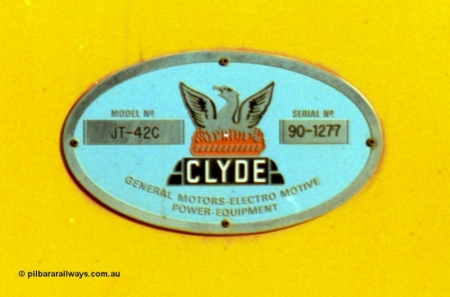 213-27
Weipa, builders plate on Comalco R 1004. Purchased from BHP Iron Ore in 1994. Clyde Engineering built EMD model JT42C built 1990 serial 90-1277, weight 132 tonne, engine 12-710G3A, generator AR11-WBA-CA5, traction motors D87ETR, rated power /.
Keywords: R1004;Clyde-Engineering-Kelso-NSW;EMD;JT26C;90-1277;Comalco;GML10;Cinderella;GML-class;