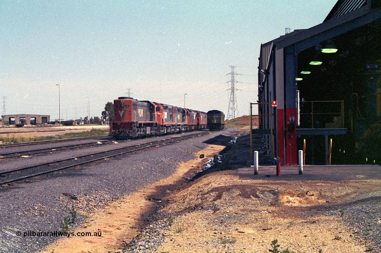 215-21
Dry Creek Motive Power Centre, hosts a number of broad gauge V/Line locomotives as they rest before running the overnight trains back to Melbourne, in the view are members of the X, C and G class next to an AN 700 class.
