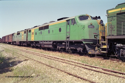 215-09
Peterborough, double Bulldog GM class units GM 43 Clyde Engineering EMD model A16C serial 67-529 and GM 46 serial 67-532 in the consist of power for an SP service awaiting line clear.
Keywords: GM-class;GM43;Clyde-Engineering-Granville-NSW;EMD;A16C;67-529;