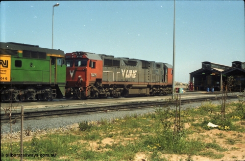 216-15
Dry Creek Motive Power Centre, fuel point roads sees V/Line broad gauge N class locomotive N 473 Clyde Engineering EMD model JT22HC-2 serial 87-1202, resting after running the overnight passenger train 'The Overland' from Melbourne, and will return with the Melbourne bound service in the early evening.
Keywords: N-class;N473;Clyde-Engineering-Somerton-Victoria;EMD;JT22HC-2;87-1202;