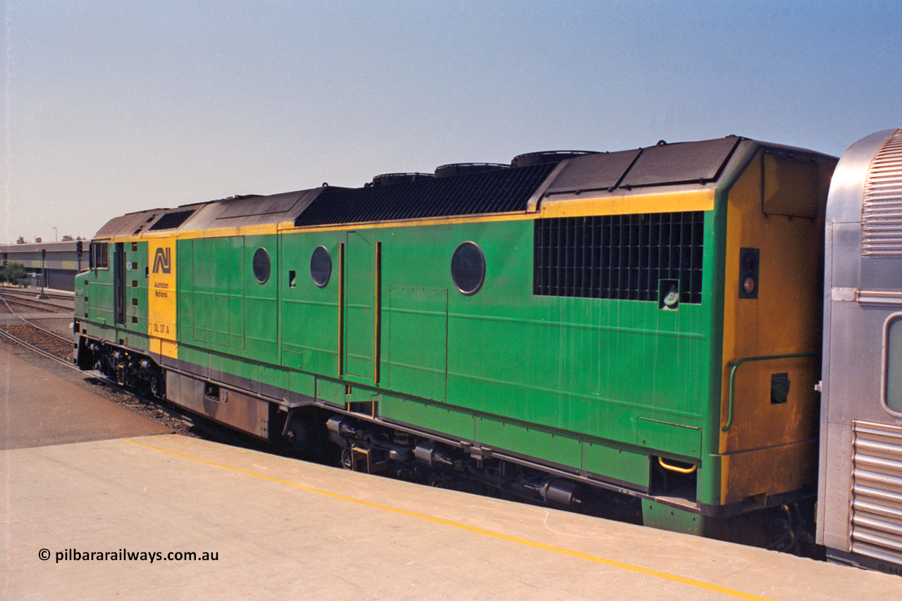 217-06
Keswick Passenger Terminal, Australian National DL class locomotive DL 37 Clyde Engineering EMD model AT42C serial 88-1245, trailing view of loco.
Keywords: DL-class;DL37;Clyde-Engineering-Kelso-NSW;EMD;AT42C;88-1245;