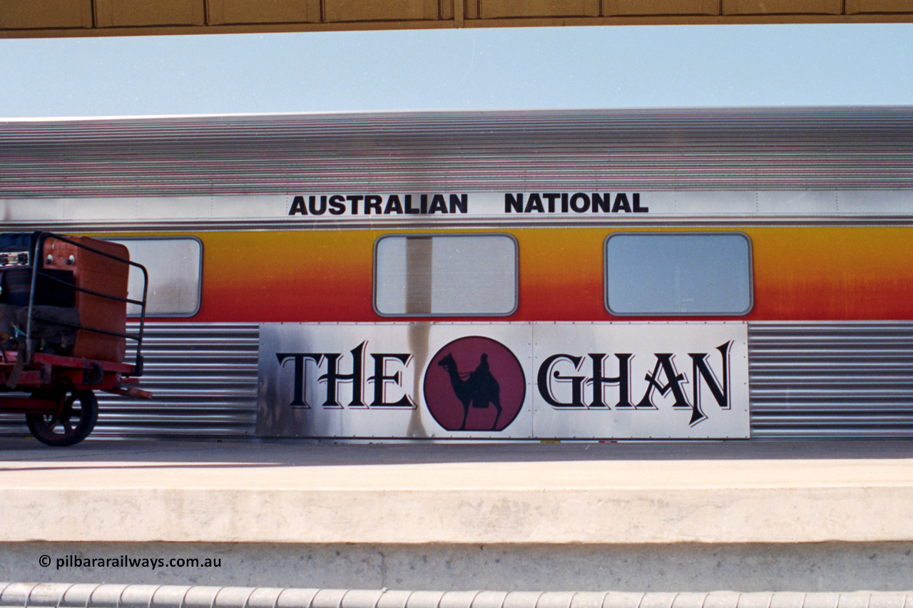 217-08
Keswick Terminal, logo on the side of passenger coach as part of 'The Ghan' consist from Adelaide to Alice Springs.
