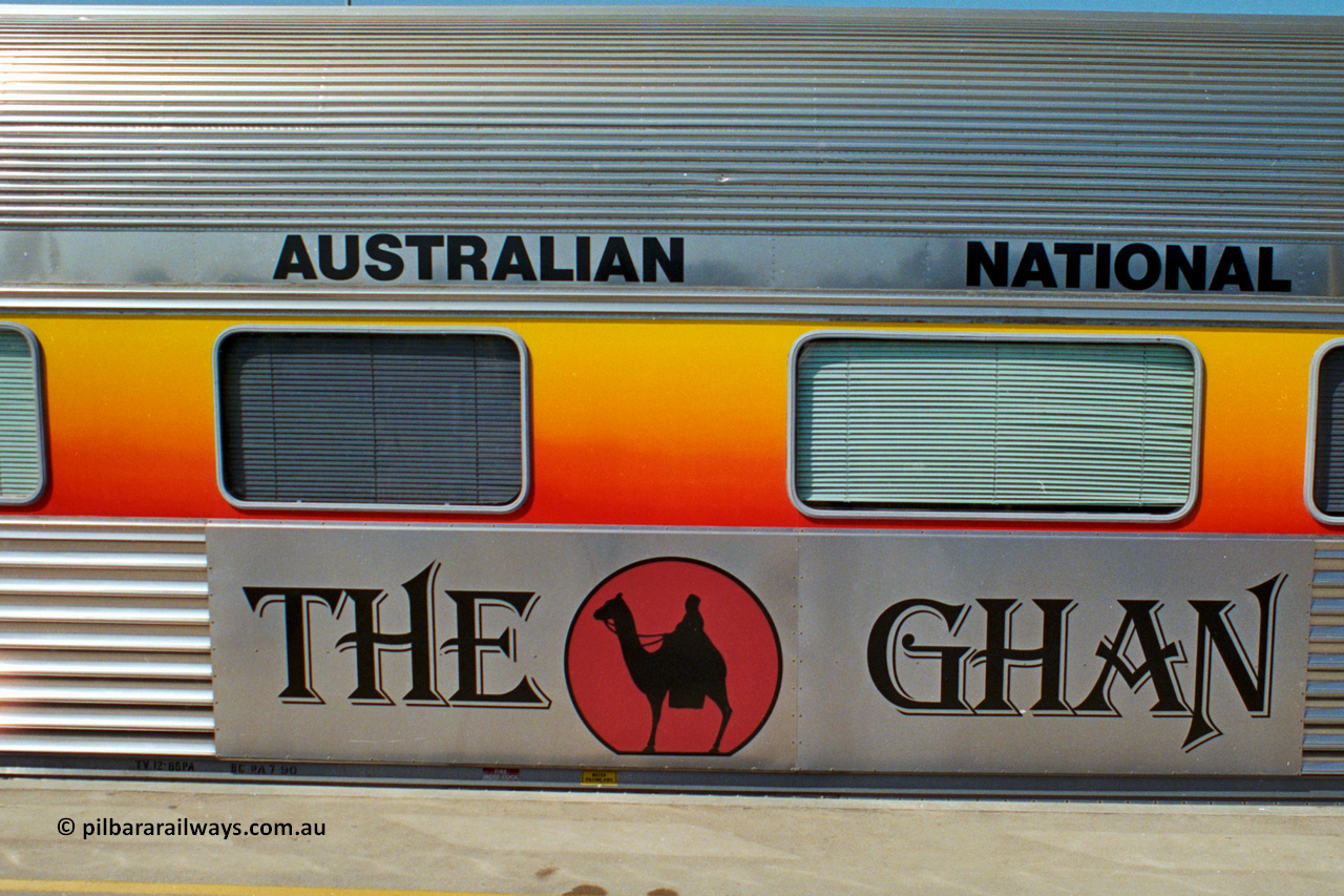 217-09
Keswick Terminal, logo on the side of passenger coach as part of 'The Ghan' consist from Adelaide to Alice Springs.
