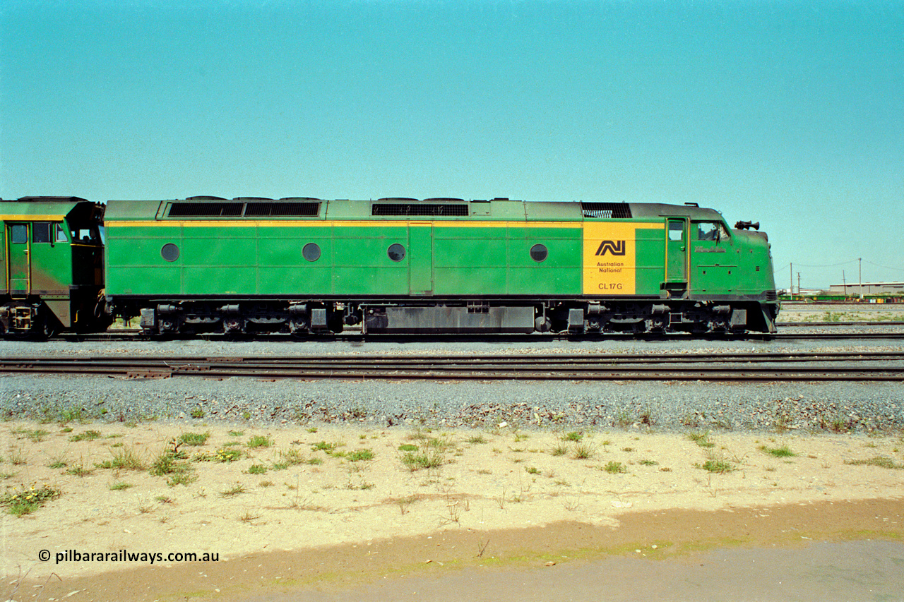 217-20
Dry Creek Motive Power Centre, Australian National's and the final Clyde Engineering EMD model AT26C Bulldog ever built as CL class CL 17 'William McMahon' serial 71-757.
Keywords: CL-class;CL17;bulldog;Clyde-Engineering-Granville-NSW;EMD;AT26C;71-757;