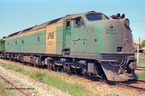 217-14
Peterborough, an SP service awaits line clear behind the AN liveried quad combination of CL class Bulldog CL 11 Clyde Engineering EMD model AT26C serial 71-739, a 600 and two GM class units.
Keywords: CL-class;CL11;Clyde-Engineering-Granville-NSW;EMD;AT26C;71-739;bulldog;