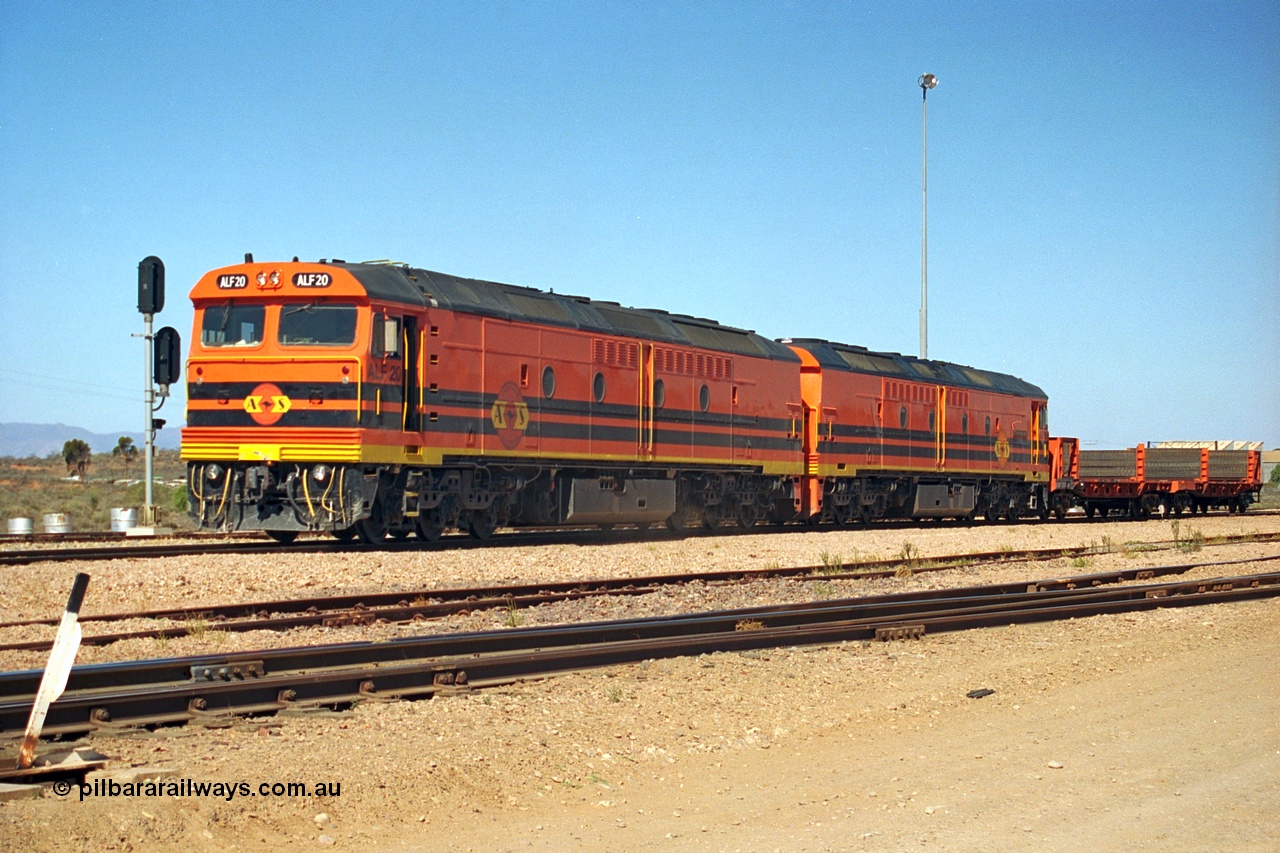 244-05
Port Augusta yard, a pair of ALF class units on the Darwin line construction shunt a rail transport waggon. ALF 20 and ALF 18 are both Morrison Knudsen rebuilds, model JT26C-2M serials 94-AN-020 and 94-AN-018.
Keywords: ALF-class;ALF18;ALF20;MKA;EMD;JT26C-2M;94-AN-018;94-AN-020;AL-class;