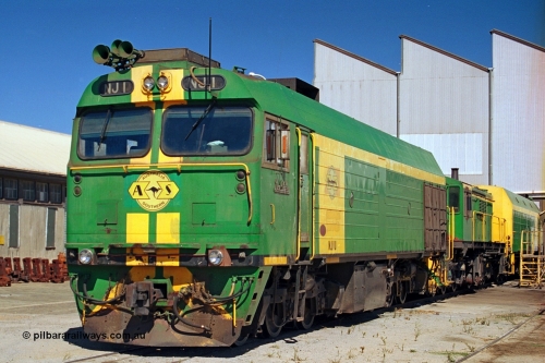 244-21
Port Lincoln loco workshops, still wearing the former owners AN livery, Australian Southern NJ class leader NJ 1 'Ben Chifley' Clyde Engineering EMD model JL22C serial 71-728, in multiple unit consist, roster shot. 6th April, 2003.
Keywords: NJ-class;NJ1;Clyde-Engineering-Granville-NSW;EMD;JL22C;71-728;