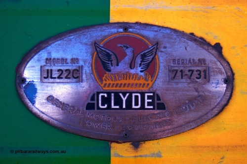 244-28
Port Lincoln loco workshops, builders plate for NJ class NJ 4 Clyde Engineering EMD model JL22C serial 71-731. April 6, 2003.
Keywords: NJ-class;NJ4;Clyde-Engineering-Granville-NSW;EMD;JL22C;71-731;