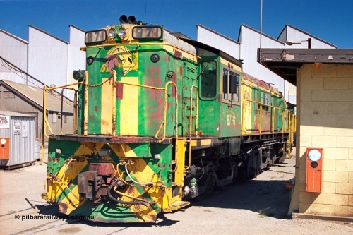 244-30
Port Lincoln loco workshops, still wearing the former owners AN livery, Australian Southern 830 class 871 AE Goodwin ALCo model DL531 serial G3422-01, this unit has been on the Eyre Peninsula Division since new in January 1966, seen here coupled to sister units. April 6, 2003.
Keywords: 830-class;871;AE-Goodwin;ALCo;DL531;G3422-1;