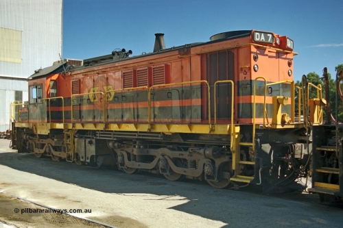 244-32
Port Lincoln loco workshops, wearing Australian Southern livery rebuild ALCo DA 7 started life as NSWGR 48 class 4813 AE Goodwin ALCo model DL531 serial 83713, rebuilt by Islington Workshops with long hood and parts from former 830 class 870 AE Goodwin ALCo model DL531 serial G6016-06 in 1998. B end roster view looking forward. April 6, 2003.
Keywords: DA-class;DA7;83713;Port-Augusta-WS;ALCo;DL531G/1;48-class;4813;rebuild;