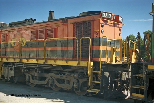 244-33
Port Lincoln loco workshops, wearing Australian Southern livery rebuild ALCo DA 7 started life as NSWGR 48 class 4813 AE Goodwin ALCo model DL531 serial 83713, rebuilt by Islington Workshops with long hood and parts from former 830 class 870 AE Goodwin ALCo model DL531 serial G6016-06 in 1998. B end roster view looking forward. April 6, 2003.
Keywords: DA-class;DA7;83713;Port-Augusta-WS;ALCo;DL531G/1;48-class;4813;rebuild;