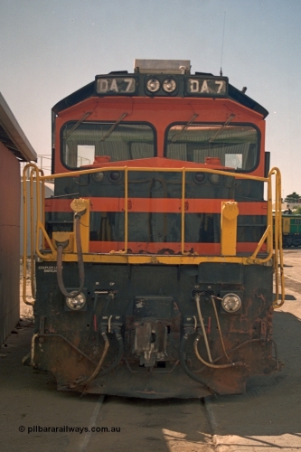 244-35
Port Lincoln loco workshops, wearing Australian Southern livery rebuild ALCo DA 7 started life as NSWGR 48 class 4813 AE Goodwin ALCo model DL531 serial 83713, rebuilt by Islington Workshops with long hood and parts from former 830 class 870 AE Goodwin ALCo model DL531 serial G6016-06 in 1998. Cab front view. April 6, 2003.
Keywords: DA-class;DA7;83713;Port-Augusta-WS;ALCo;DL531G/1;48-class;4813;rebuild;