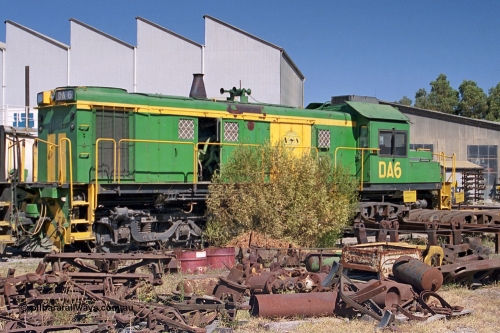 245-01
Port Lincoln loco workshops, DA 6 still wearing former owners AN livery, albeit with Australian Southern decal, this unit was rebuilt by Port Augusta Workshops in 1996 from original AE Goodwin built 830 class 836 serial number 83727 and originally delivered to broad gauge in June 1960. 6th April, 2003.
Keywords: DA-class;DA6;83727;Port-Augusta-WA;ALCo;DL531G/1;830-class;836;rebuild;