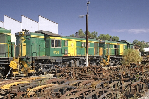245-03
Port Lincoln loco workshops, still in former owner Australian National livery, Australian Southern narrow gauge 830 class locomotive 873 in an AE Goodwin built ALCo DL531 model with serial G3422-3 built new for the SAR in 1966 and delivered new to Port Lincoln in April 1966, it has spent it's whole working life on the Eyre Peninsula. April 6, 2003.
Keywords: 830-class;873;AE-Goodwin;ALCo;DL531;G3422-3;