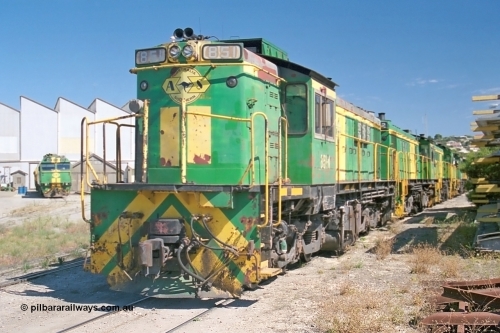 245-08
Port Lincoln loco workshops, still in former owner AN livery, Australian Southern 830 class locomotive 851 AE Goodwin ALCo model DL531 serial 84137 which has been on the Eyre Peninsula Division since being built in April 1962, stabled motive power over the weekend downtime. April 6, 2003.
Keywords: 830-class;851;AE-Goodwin;ALCo;DL531;84137;