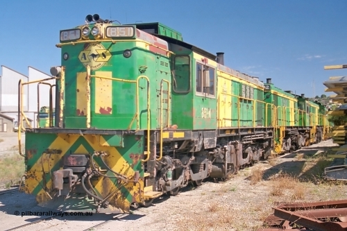 245-09
Port Lincoln loco workshops, still in former owner AN livery, Australian Southern 830 class locomotive 851 AE Goodwin ALCo model DL531 serial 84137 which has been on the Eyre Peninsula Division since being built in April 1962, stabled motive power over the weekend downtime. April 6, 2003.
Keywords: 830-class;851;AE-Goodwin;ALCo;DL531;84137;