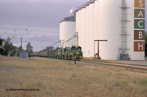 245-12
Wudinna, north bound empty grain train arrives behind a trio of former Australian National locomotives with rebuilt former AE Goodwin ALCo model DL531 830 class ex 839, serial 83730, rebuilt by Port Augusta Workshops to DA class, DA 4 leading two AE Goodwin ALCo model DL531 830 class units 842, serial 84140 and 851 serial 84137, 851 having been on the Eyre Peninsula since delivered in 1962, to shunt off empty waggons into the grain siding. April 7, 2003.
Keywords: DA-class;DA4;83730;Port-Augusta-WS;ALCo;DL531G/1;830-class;839;rebuild;