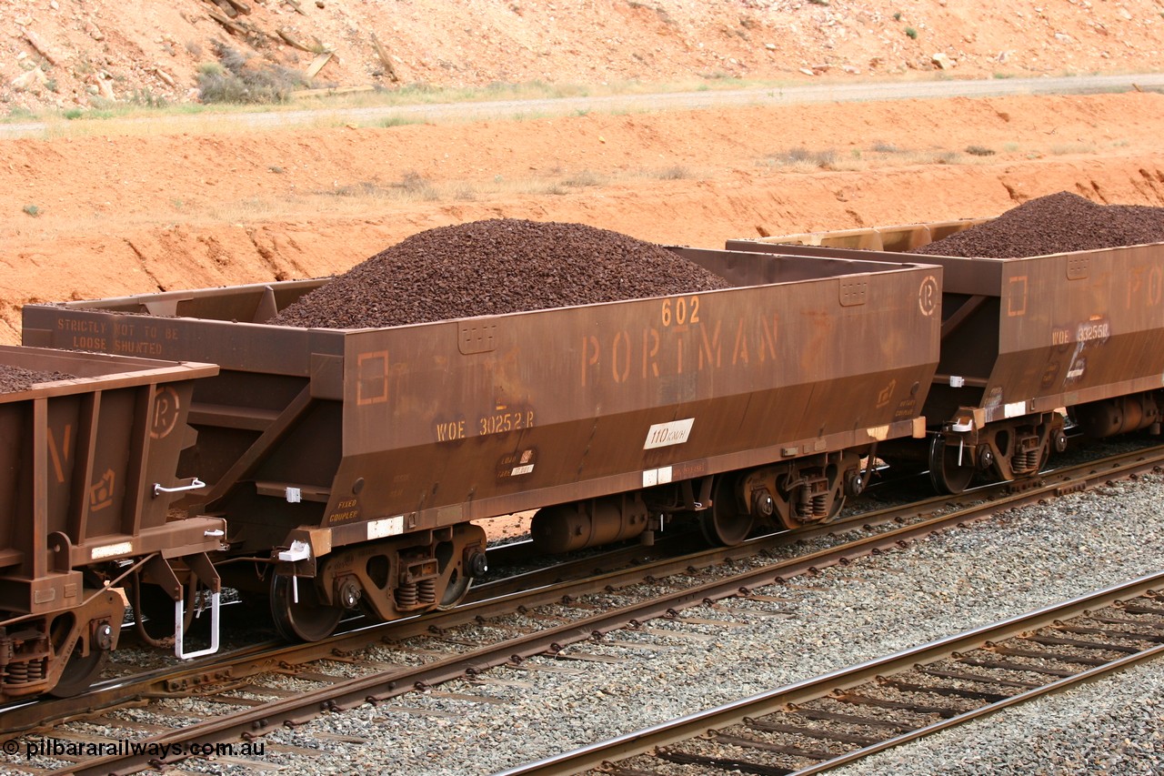 060116 2679
WOE type iron ore waggon WOE 30252 is one of a batch of one hundred and thirty built by Goninan WA between March and August 2001 with serial number 950092-002 and fleet number 602 for Koolyanobbing iron ore operations with a built date April 2001 in the current style of 83 tonne load capacity WOE type waggon built for Portman Mining on Koolyanobbing iron ore train service, West Kalgoorlie 16th January 2006.
Keywords: WOE-type;WOE30252;Goninan-WA;950092-002;