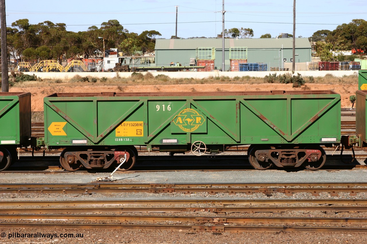 060528 4423
West Kalgoorlie, AOPY 32389, fleet number 916, one of seventy ex ANR coal waggons rebuilt from AOKF type by Bluebird Engineering SA in service with ARG on Koolyanobbing iron ore trains. They used to be three metres longer and originally built by Metropolitan Cammell Britain as GB type in 1952-55, 28th May 2006.
Keywords: AOPY-type;AOPY32389;Bluebird-Engineering-SA;Metropolitan-Cammell-Britain;GB-type;