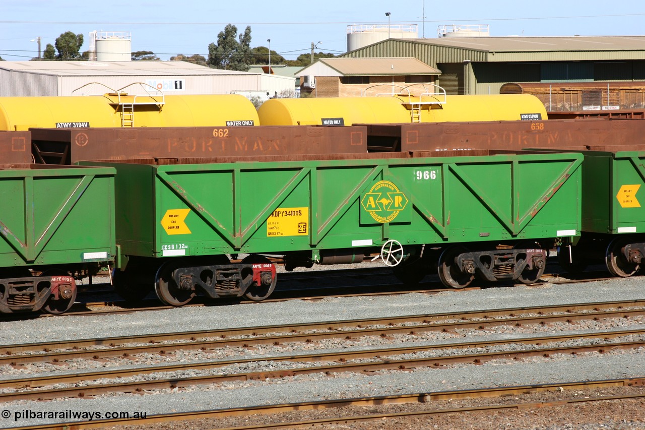 060528 4426
West Kalgoorlie, AOPY 34100, fleet number 966, one of seventy ex ANR coal waggons rebuilt from AOKF type by Bluebird Engineering SA in service with ARG on Koolyanobbing iron ore trains. They used to be three metres longer and originally built by Metropolitan Cammell Britain as GB type in 1952-55, 28th May 2006.
Keywords: AOPY-type;AOPY34100;Bluebird-Engineering-SA;Metropolitan-Cammell-Britain;GB-type;
