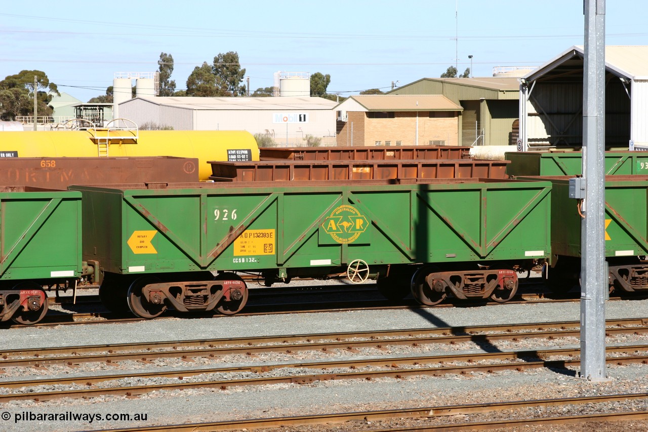 060528 4428
West Kalgoorlie, AOPY 32393, fleet number 926, one of seventy ex ANR coal waggons rebuilt from AOKF type by Bluebird Engineering SA in service with ARG on Koolyanobbing iron ore trains. They used to be three metres longer and originally built by Metropolitan Cammell Britain as GB type in 1952-55, 28th May 2006.
Keywords: AOPY-type;AOPY32393;Bluebird-Engineering-SA;Metropolitan-Cammell-Britain;GB-type;