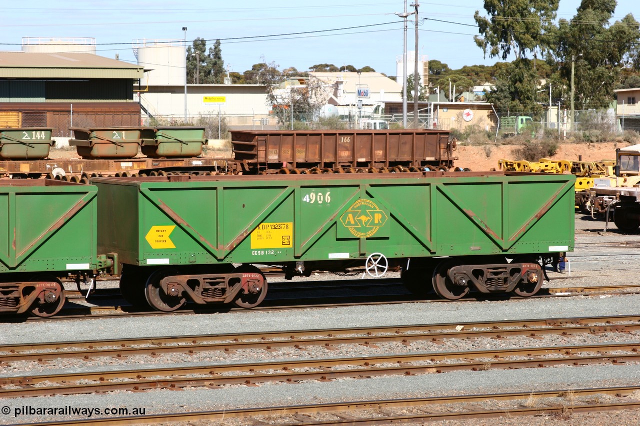 060528 4438
West Kalgoorlie, AOPY 32377, fleet number 907, with the 4 being a recent addition due to the increasing fleet size, one of seventy ex ANR coal waggons rebuilt from AOKF type by Bluebird Engineering SA in service with ARG on Koolyanobbing iron ore trains. They used to be three metres longer and originally built by Metropolitan Cammell Britain as GB type in 1952-55, 28th May 2006.
Keywords: AOPY-type;AOPY32377;Bluebird-Engineering-SA;Metropolitan-Cammell-Britain;GB-type;