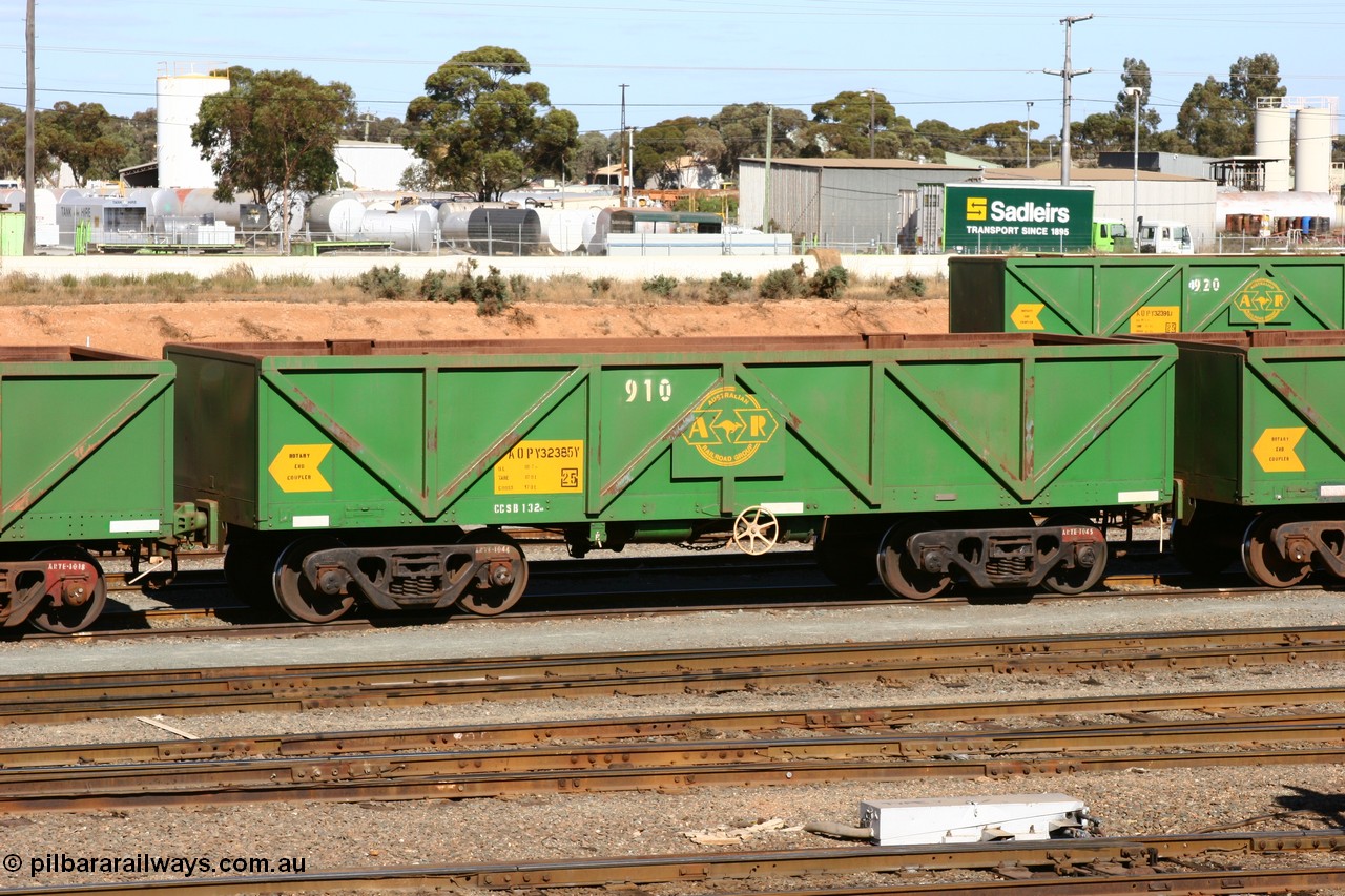 060528 4489
West Kalgoorlie, AOPY 32385, fleet number 910, one of seventy ex ANR coal waggons rebuilt from AOKF type by Bluebird Engineering SA in service with ARG on Koolyanobbing iron ore trains. They used to be three metres longer and originally built by Metropolitan Cammell Britain as GB type in 1952-55, 28th May 2006.
Keywords: AOPY-type;AOPY32385;Bluebird-Engineering-SA;Metropolitan-Cammell-Britain;GB-type;