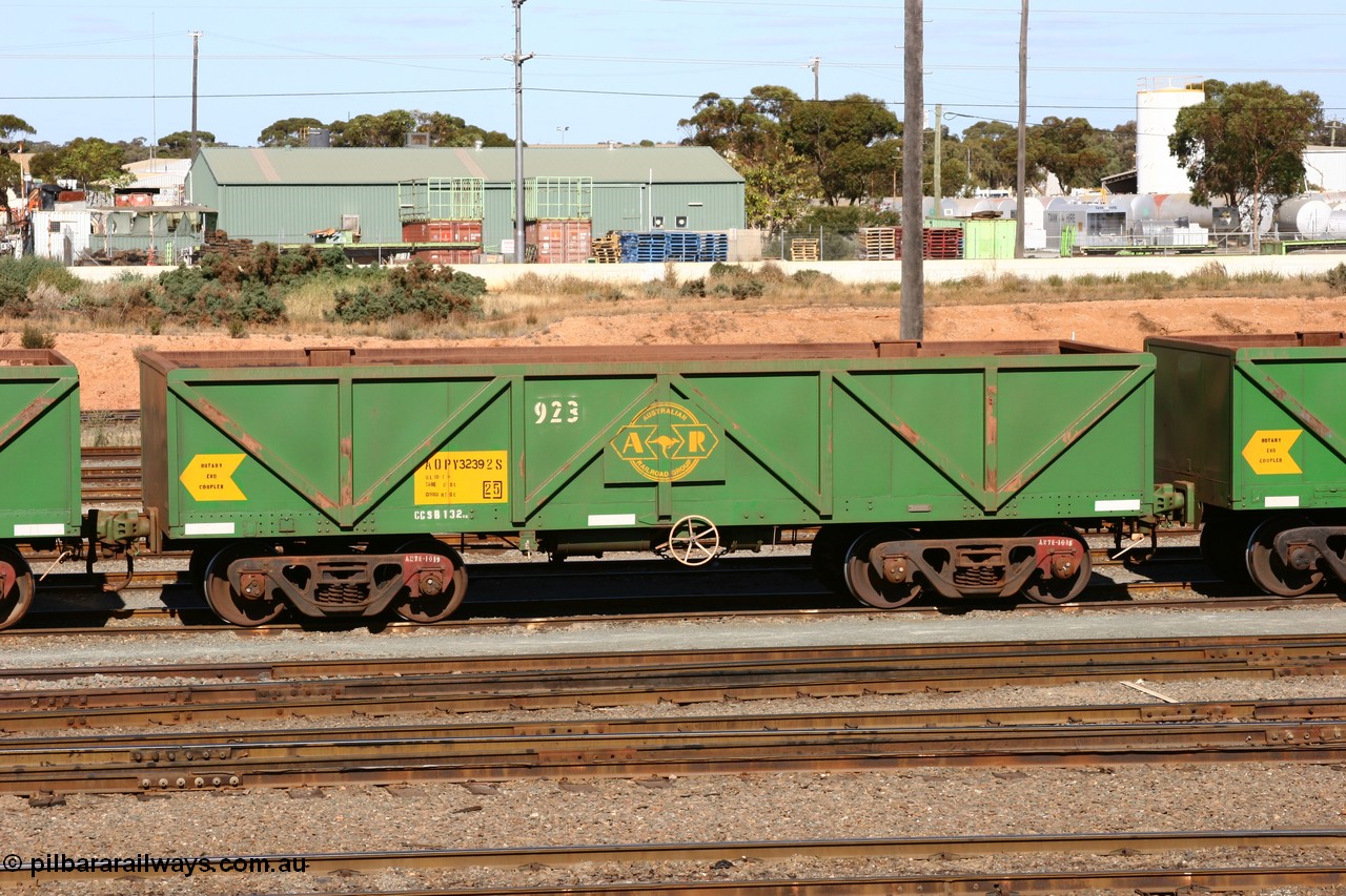 060528 4490
West Kalgoorlie, AOPY 32392, fleet number 923, one of seventy ex ANR coal waggons rebuilt from AOKF type by Bluebird Engineering SA in service with ARG on Koolyanobbing iron ore trains. They used to be three metres longer and originally built by Metropolitan Cammell Britain as GB type in 1952-55, 28th May 2006.
Keywords: AOPY-type;AOPY32392;Bluebird-Engineering-SA;Metropolitan-Cammell-Britain;GB-type;