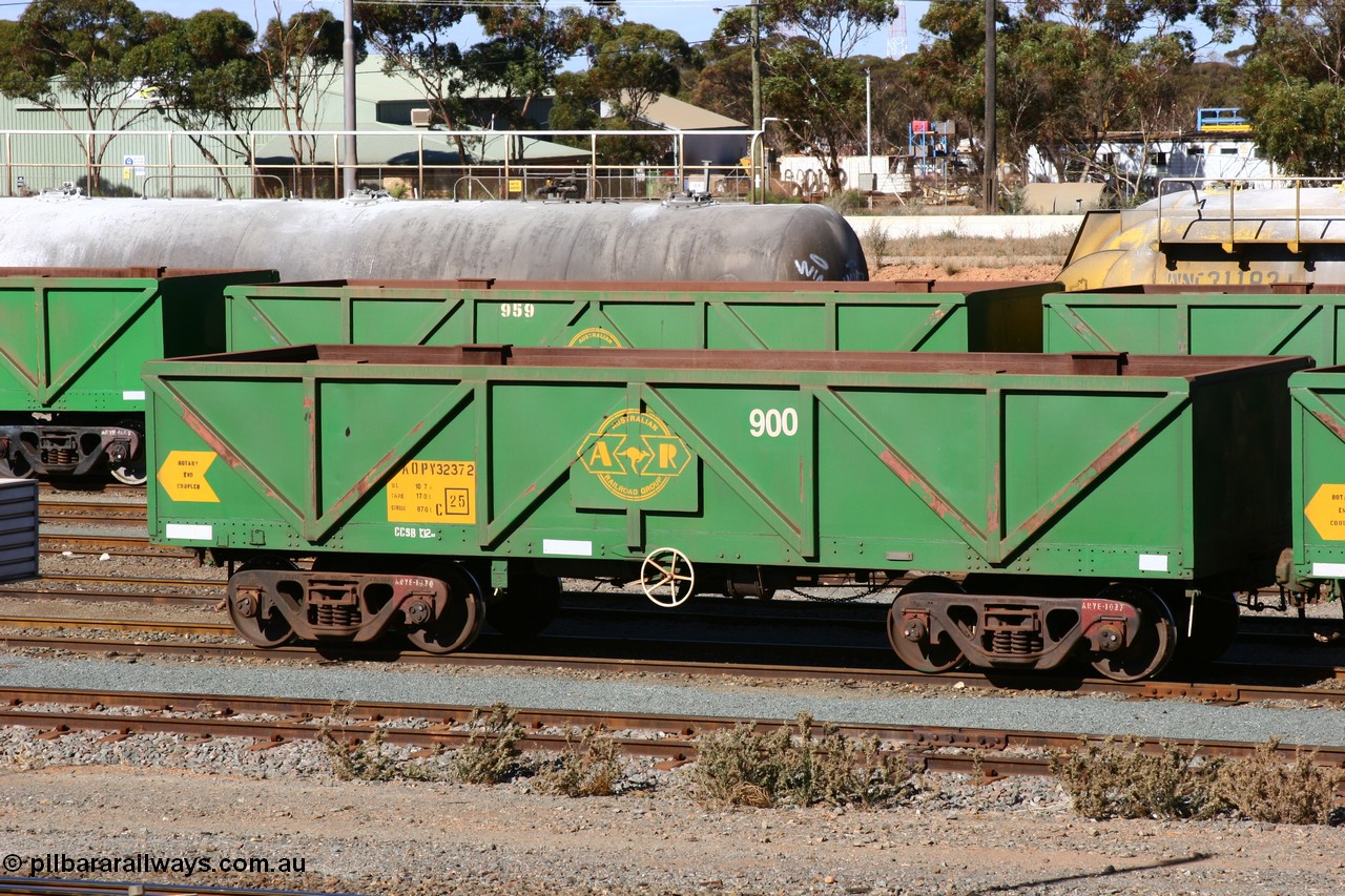 060528 4495
West Kalgoorlie, AOPY 32372 with fleet number 900, one of seventy ex ANR coal waggons rebuilt from AOKF type by Bluebird Engineering SA in service with ARG on Koolyanobbing iron ore trains. They used to be three metres longer and originally built by Metropolitan Cammell Britain as GB type in 1952-55, 28th May 2006.
Keywords: AOPY-type;AOPY32372;Bluebird-Engineering-SA;Metropolitan-Cammell-Britain;GB-type;