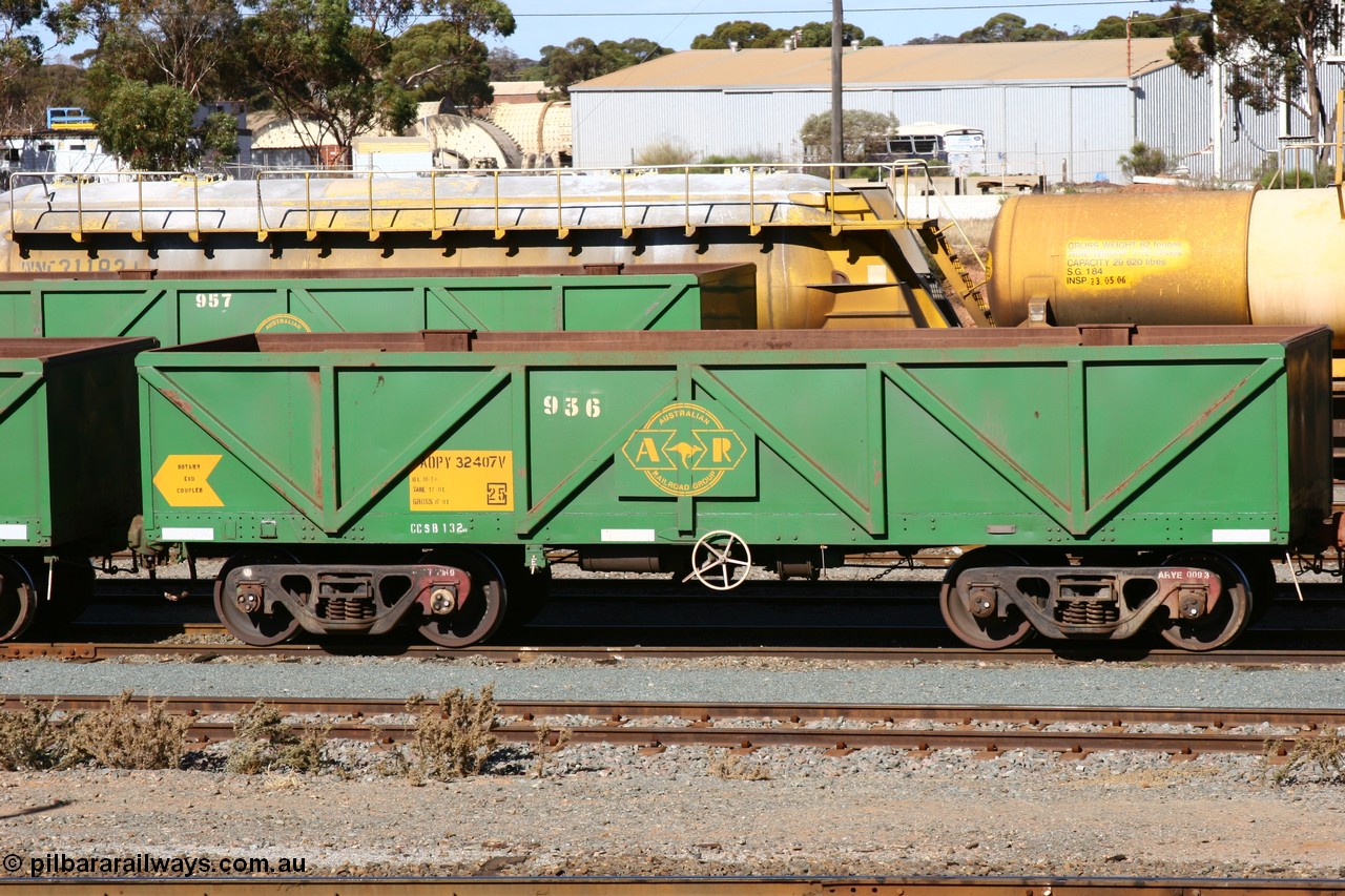060528 4496
West Kalgoorlie, AOPY 32407, fleet number 936, one of seventy ex ANR coal waggons rebuilt from AOKF type by Bluebird Engineering SA in service with ARG on Koolyanobbing iron ore trains. They used to be three metres longer and originally built by Metropolitan Cammell Britain as GB type in 1952-55, 28th May 2006.
Keywords: AOPY-type;AOPY32407;Bluebird-Engineering-SA;Metropolitan-Cammell-Britain;GB-type;