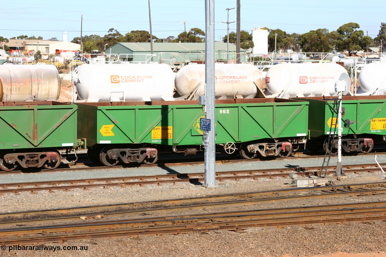 060528 4499
West Kalgoorlie, AOPY 34094, fleet number 962 is a drop floor type, one of seventy ex ANR coal waggons rebuilt from AOKF type by Bluebird Engineering SA in service with ARG on Koolyanobbing iron ore trains. They used to be three metres longer and originally built by Metropolitan Cammell Britain as GB type in 1952-55, 28th May 2006.
Keywords: AOPY-type;AOPY34094;Bluebird-Engineering-SA;Metropolitan-Cammell-Britain;GB-type;
