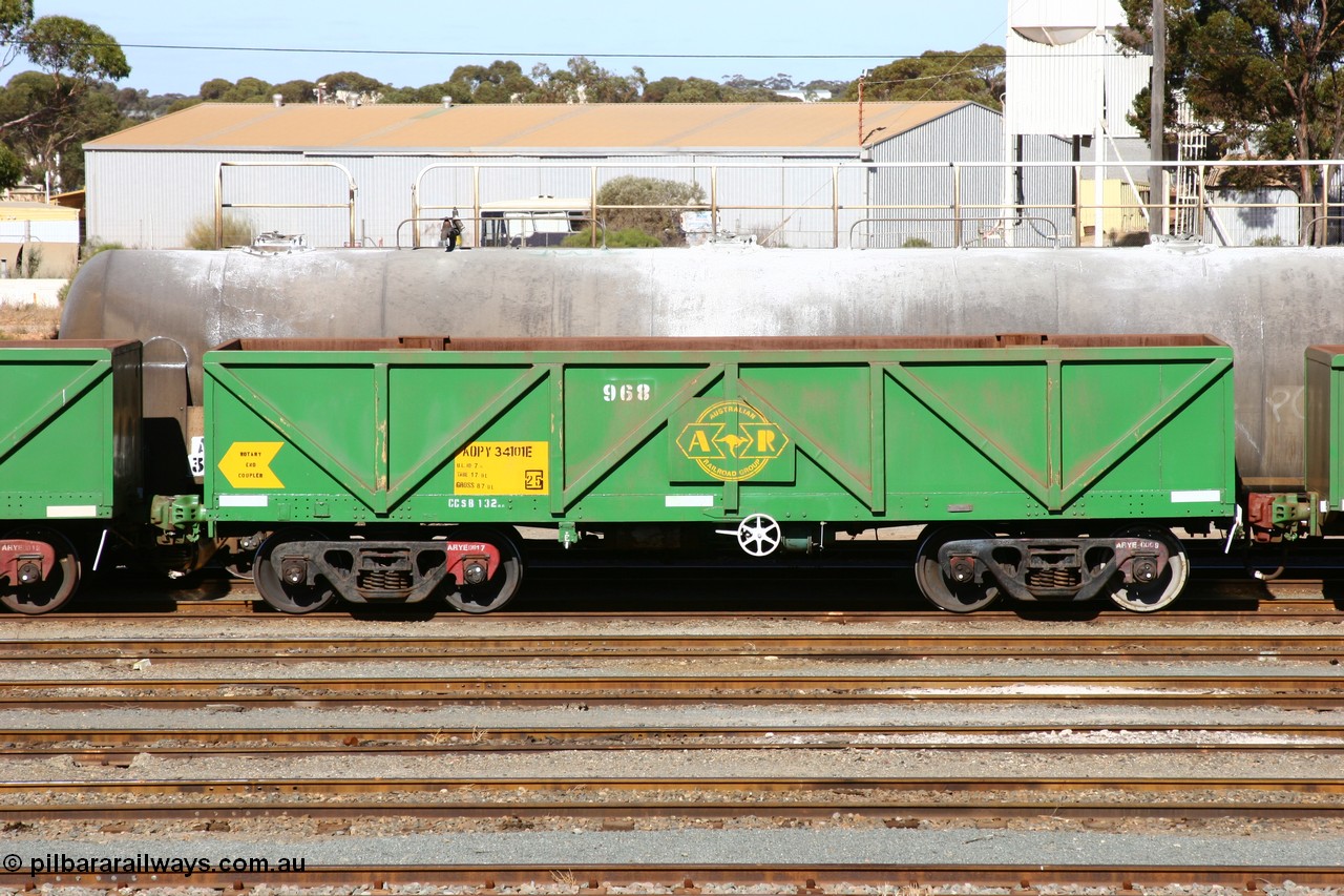 060528 4504
West Kalgoorlie, AOPY 34101, fleet number 968, one of seventy ex ANR coal waggons rebuilt from AOKF type by Bluebird Engineering SA in service with ARG on Koolyanobbing iron ore trains. They used to be three metres longer and originally built by Metropolitan Cammell Britain as GB type in 1952-55, 28th May 2006.
Keywords: AOPY-type;AOPY34101;Bluebird-Engineering-SA;Metropolitan-Cammell-Britain;GB-type;
