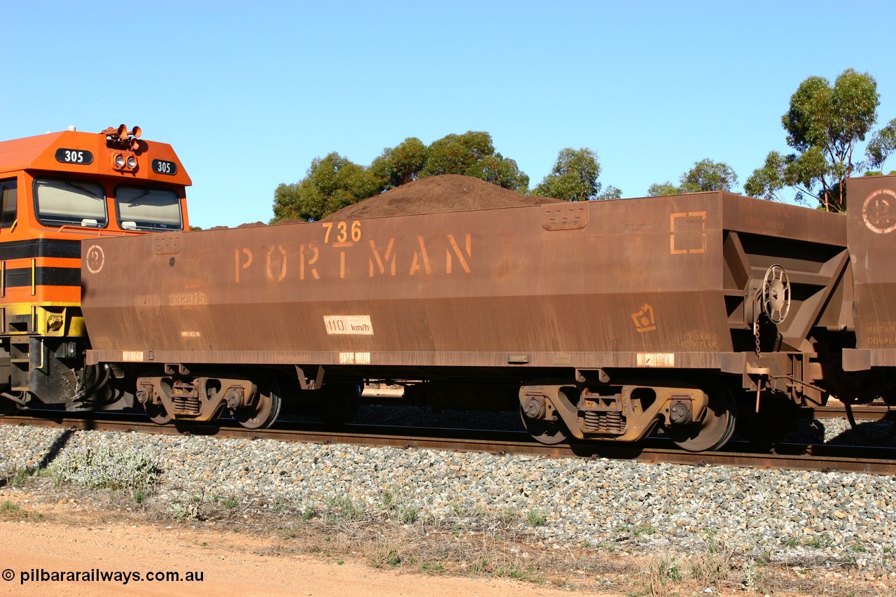 060528 4544
WOE type iron ore waggon WOE 33237 is one of a batch of twenty seven built by Goninan WA between September and October 2002 with serial number and fleet number 736 for Koolyanobbing iron ore operations, Bonnie Vale 28th May 2006.
Keywords: WOE-type;WOE33237;Goninan-WA;950103-004;