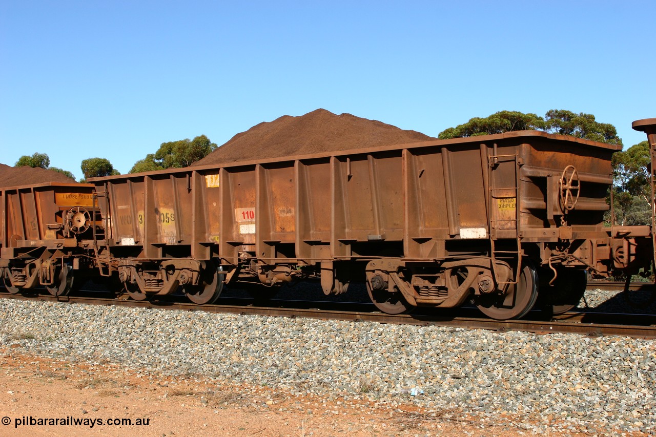 060528 4570
WO type iron ore waggon WO 31205 is one of a batch of eighty six built by WAGR Midland Workshops between 1967 and March 1968 with fleet number 102 for Koolyanobbing iron ore operations, with a 75 ton and 1018 ft.³ capacity, seen here loaded with fines ore at Bonnie Vale, 28th May 2006. This unit was converted to WOS superphosphate in the late 1980s till 1994 when it was re-classed back to WO.
Keywords: WO-type;WO31205;WAGR-Midland-WS;WOS-type;