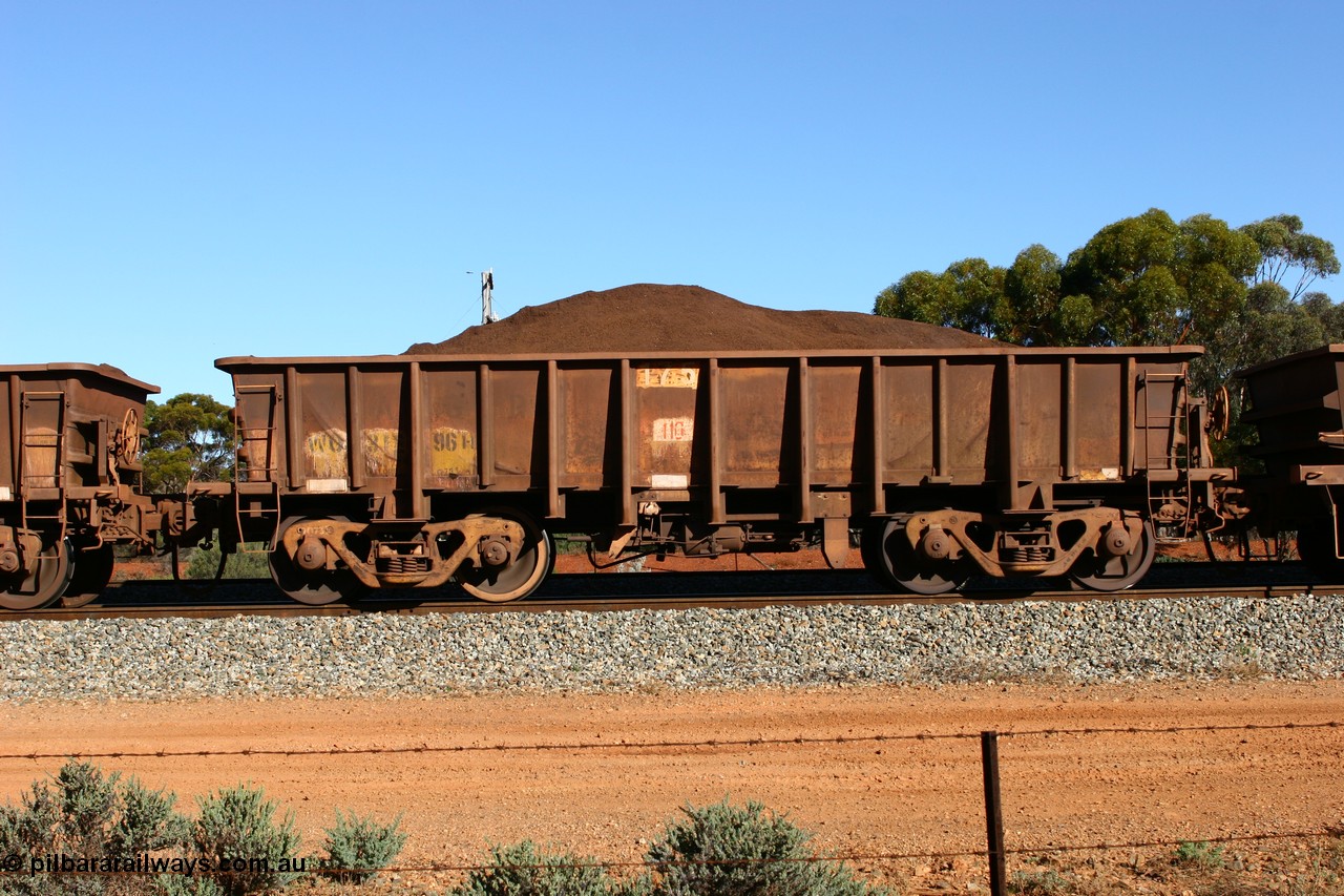 060528 4598
WO type iron ore waggon WO 31296 is one of a batch of fifteen built by WAGR Midland Workshops between July and October 1968 with fleet number 175 for Koolyanobbing iron ore operations, with a 75 ton and 1018 ft³ capacity, loaded with fines seen here at Bonnie Vale, 28th May 2006. This unit was converted to WOC for coal in 1986 till 1994 when it was re-classed back to WO.
Keywords: WO-type;WO31296;WAGR-Midland-WS;