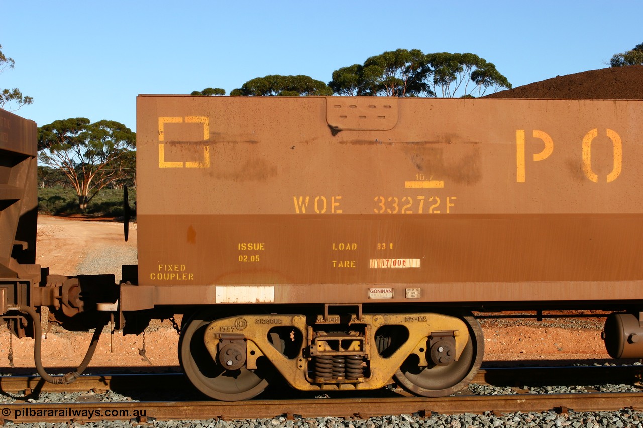 060528 4620
WOE type iron ore waggon WOE 33272 is one of a batch of thirty five built by Goninan WA between January and April 2005 with serial number 950104-012 and fleet number 771 for Koolyanobbing iron ore operations, number board view, shows builders plate, load, tare, length and issue date, build date 02/2005, current style of 83 tonne load capacity built for Portman Mining, at Binduli, 28th May 2006.
Keywords: WOE-type;WOE33272;Goninan-WA;950104-012;