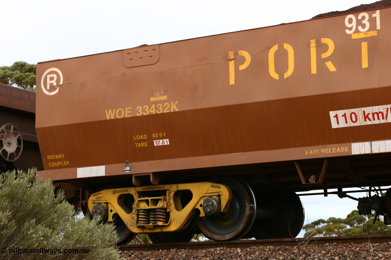 060529 4702
WOE type iron ore waggon WOE 33432 is one of a batch of one hundred and forty one built by United Group Rail WA between November 2005 and April 2006 with serial number 950142-137 and fleet number 8931 for Koolyanobbing iron ore operations, seen here loaded with fines at Binduli, 29th May 2006.
Keywords: WOE-type;WOE33432;United-Group-Rail-WA;950142-137;