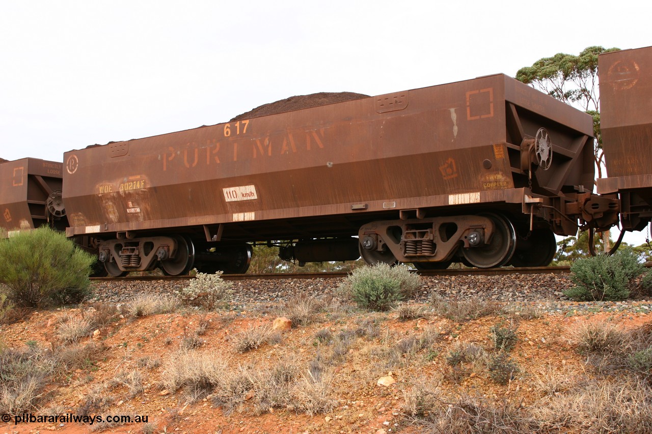 060529 4703
WOE type iron ore waggon WOE 30274 is one of a batch of one hundred and thirty built by Goninan WA between March and August 2001 with serial number 950092-024 and fleet number 617 for Koolyanobbing iron ore operations of 83 tonne capacity for Portman Mining, loaded with fines at Binduli, 29th May 2006.
Keywords: WOE-type;WOE30274;Goninan-WA;950092-024;